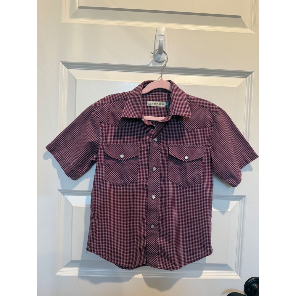 Roper Kids Red Blue Micro Check Short Sleeve Western Snap Down Shirt Size S 4-5